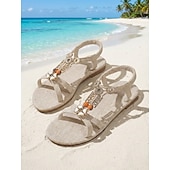 abordables Femmes-Sandales plates bohèmes chics pour femmes, ornées de perles métalliques décoratives – des chaussures confortables pour les mariages décontractés et à la plage, les événements estivaux et les vacances
