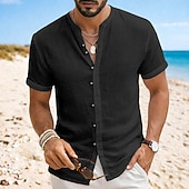 abordables Vacances-Homme Chemise Chemise en lin Chemise d'été Tenue de plage Chemise à col officier Chemise Boutonnée Uni Occasionnel Quotidien Noir Blanche Kaki Gris Manche Courte Col mandarin Été Vêtement Tenue