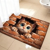 abordables Felpudo-Felpudo con ilusión 3D de gatito, impresión 2D de un gato asomándose a través de una pared de ladrillos para una entrada divertida y original, perfecta para los amantes de los gatos.