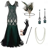 Χαμηλού Κόστους Φορέματα της δεκαετίας του 1920-Σετ Δροσμός 20ετών 1920 Μακρύ Φορέματα Τουαλέτα Σύνολα με αξεσουάρ Κοντά μανίκια Το Great Gatsby Καλεσμένος γάμου Πούλιες Λαιμόκοψη V Φανταχτερή Φόρεμα Γυναικεία