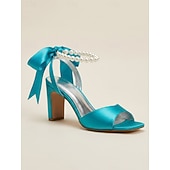 tanie Panna młoda-Damskie fioletowe satynowe szpilki ślubne z perłowym paskiem wokół kostki i kokardką, eleganckie sandały ślubne z odkrytymi palcami dla panien młodych, luksusowe buty na wysokim obcasie do ceremonii