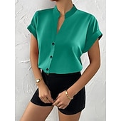  Dames Blouse Knop Effen Elegant Dagelijks Stijlvol Korte mouw V-hals Normale tops Dagelijks blauw Zwart Blozend Roze Oranje Groen Zomer Lente