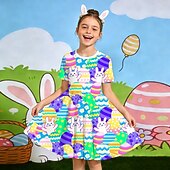 levne Velikonoční oblečení pro dívky-Velikonoce Girls ' 3D Grafika Králíček Šaty Krátký rukáv 3D tisk Léto Jaro Denní Dovolená Párty Roztomilý Základní Na běžné nošení Děti 4-12 let Volnočasové šaty Áčkové šaty Délka ke kolenům Běžný