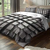 お買い得  羽毛布団カバーセット-3D幾何学模様プリントの羽毛布団カバーセット、3点セット、ホテルスタイルの寝具セット、クイーンサイズ、羽毛布団カバー1枚と枕カバー2枚、柔らかいショートベルベット生地、掛け布団は含まれません