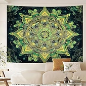 abordables Tapices de pared-Tapiz de mandala verde para colgar en la pared, diseño floral bohemio, gran sala de meditación zen, arte de pared estético, decoración del hogar, arte de pared, telón de fondo, póster de tela
