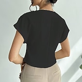 abordables Blouses Unies-Femmes Chemise Décontractée Chemise Boutonnée Chemisier Boutons Ourlet asymétrique Couleur Unie Quotidien Élégant Occasionnel Manche Courte Col en V Hauts Réguliers Quotidien Fête Tenue de plage Noir