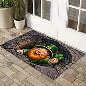 abordables Felpudo-Felpudo con ilusión óptica 3D del Día de San Patricio, alfombra con impresión 2D que presenta a un alegre duende en un pozo de piedra sosteniendo un trébol de cuatro hojas, perfecto para la decoración festiva de la entrada del hogar.