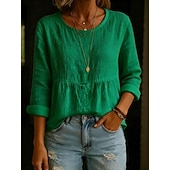 baratos Camisas-Mulheres Camisas com toque de linho Blusa Franzido Côr Sólida à moda Casual Manga Longa Gola Redonda Tops regulares Diário Azul Branco Verde Claro Rosa Verde Verão Primavera Outono