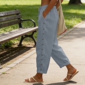 お買い得  ラグジュアリー ボトムス-女性用 コットン ズボン サマーパンツ ビーチパンツ 旅行度假风 ファッション カジュアル 普段着 足首丈 ハイウエスト 平織り 弾性ウエスト サイドボタン ライトウェイト 快適 高通気性 伸縮性なし ストリートウェア ビーチ 祝日 ブルー ブラック ホワイト カーキ色 夏 春 秋 レギュラー