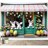 voordelige Feestelijke wandkleden-Wandtapijt met paashaas, charmante etalage met pastelkleurige eieren en bloemen, feestelijke lentedecoratie voor in huis, perfect voor paasversiering en seizoensvieringen.