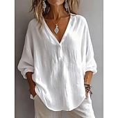 お買い得  ラグジュアリーシャツ-女性用 コットンリネンシャツ フリル 純色 日常 ベーシック カジュアル 長袖 Ｖネック レギュラートップス 日常 ブルー ホワイト ピンク グリーン 夏 春 秋