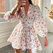 cheap Floral Dress-Women's Mini Dress A Line Dress Slip Dress Vacation Casual Outdoor Going out Regular Fit Floral Long Sleeve V Neck White Purple Green Summer Spring Fall