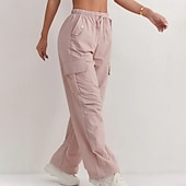 preiswerte Cargohose für Damen-Damen Cargo-Hosen Hose Freizeithose Urlaub Mode Alltagstauglich Volle Länge Hohe Taille Einfarbig Einfach Kordelzug Tasche Weites Bein Komfort Schnelltrocknend Weich Unelastisch Outdoor Streetwear
