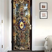 abordables Banners de Garaje y Puerta-Cortina de puerta estilo vitral vintage con patrón barroco ornamentado, mampara de privacidad colgante, tapiz decorativo para puerta de casa y oficina.