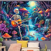 baratos Tapeçarias de Parede-Tapeçaria estética de esqueleto guitarrista, arte de parede psicodélica com cogumelos brilhantes e floresta, cenário de luar e cachoeira para estúdio de música.