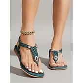 economico Donne-sandali infradito bohémien color verde acqua da donna - eleganti sandali bassi con cinturini intrecciati e dettagli gioiello, comode scarpe estive da spiaggia per vacanze tropicali &amp;fughe sull'isola