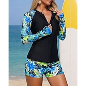 baratos Rash Guards de Uma Peça-Mulheres Anti Atrito Roupa de banho Tankini Tropical Zip Up Lateral franzida Proteção UV Elástico Manga Longa Roupa de Banho roupa de banho Surfe Mergulho Natação Verão