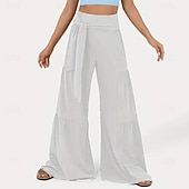 billige brede ben og høy midje-Dame Bukser Sommerbukser Strandbukser Ferie Mote Fritid hverdag Full lengde Middels midje Helfarge عادي Snorer Lapper Bred Bukseben Komfort Hurtigtørkende Myk Uelastisk Gateklær Strand Ferie Svart