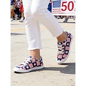  Women's Red Blue Patriotic Lace-Up Sneakers – Star & Stripe Print Casual Shoes for Independence Day Parade, National Celebrations, United States Anniversary, Walking & Streetwear