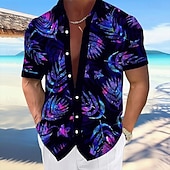 abordables Plantes tropicales-Homme Feuille Plantes Tropicales Lueur néon Chemise hawaïenne Chemise Boutonnée Chemise Aloha Manche Courte Hawaïen Vacances Tenue de plage Été Printemps Col Rabattu Impression 3D chemises à col Bleu