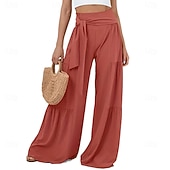 billige brede ben og høy midje-Dame Bukser Sommerbukser Strandbukser Ferie Mote Fritid hverdag Full lengde Middels midje Helfarge عادي Snorer Lapper Bred Bukseben Komfort Hurtigtørkende Myk Uelastisk Gateklær Strand Ferie Svart