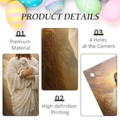 halpa Lomamatkatapetit-Pääsiäisovi, jossa seesteinen Jeesus pitelee karitsaa kultaisessa vehnäpellossa, kristillinen uskonnollinen sisustus pääsiäiskauteen, täydellinen pyhän viikon ja kevään lomakoristeisiin