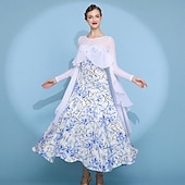 economico Sala da Ballo Standard-abito da ballo da sala da donna con fiori, in rete trasparente, a maniche lunghe, con volant sovrapposti, abito da competizione moderno standard, bianco e blu