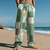cheap Men's Printed Casual Pants-Men's Geometric Color Block Patchwork Trousers Casual Pants Baggy Pants Mid Waist Fashion Home Outdoor Vacation Elastic Drawstring Waist Linen-Like Pants with Pockets Summer Spring 3D Print Blue