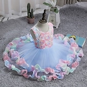 cheap Flower Girl's Dresses-Flower Girl Dress Girls' Formal Dress Wedding Attire Party Wedding Formal Elegant Fashion Adorable Mesh Floral Sleeveless Crew Neck Blue Pink 4 years+