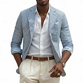 abordables Chaqueta de sport-Chaqueta blazer para hombre, de seersucker, con cuello de muesca, ligera, informal, a rayas, en amarillo, rosa, azul cielo, corte entallado, botonadura sencilla, dos botones.