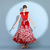 abordables Salle de Bal Standard-Robe de bal rouge en velours pour femme, sans manches, à imprimé floral, jupe ample, style valse, tango, moderne, standard, compétition.