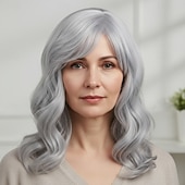 cheap Older Wigs-Silver Grey Wigs for Women, Shoulder Length Wavy Hair with Side Bangs, Natural Looking Heat Resistant Synthetic Wig for Daily Wear, Party