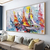 abordables Peintures paysages-Mintura, peinture à l'huile abstraite texturée faite à la main représentant des paysages de bateaux, sur toile. Décoration murale moderne, tableau roulé sans cadre ni châssis.