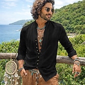 billiga Semester-herrskjorta linneskjorta sommarskjorta vardagskjorta bohemskjorta enfärgad vardaglig blå svart vit rosa långärmad mandarinkrage sommar vår &amp;höstkläder