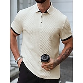 billige Klassisk poloskjorte for menn-Herre Poloskjorter Med Tekstur Avslappet Virksomhet Ribbet polokrage Klassisk Kortermet Mote Grunnleggende Helfarge Jacquardvevnad Knapper Sommer Vår Vår &amp; Vinter Normal Hvit Beige Poloskjorter
