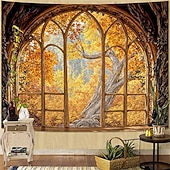 billige Veggoppheng-3D-bibliotekteppe veggteppe vintage bokhyllemønster stor stoffveggkunst buet vindu skogutsikt romdekor til stue/studie