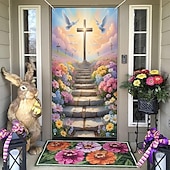 お買い得  ホリデータペストリー-十字架と鳩が描かれたイースターのドアカバー、鮮やかな花の階段のシーン、聖週間のキリスト教の宗教的装飾、イースターや屋外のディスプレイに最適