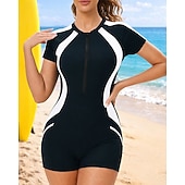 cheap One Pieces Rash Guards-Women's Rash Guard Bathing Suit Swimsuits Patchwork Zip Up UV Protection Elastic Short Sleeve Swimwear Swimsuit Surfing Scuba Swimming Summer
