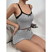 abordables Hauts et bas de nuit pour femmes-Femmes Ensemble Pyjama Occasionnel Confort Couleur Unie Dentelle Taille Élastique Shorts Quotidien Maison Sans manches Bretelles Bleu Blanche Rose Claire Vin Gris Été Printemps Coupe régulière