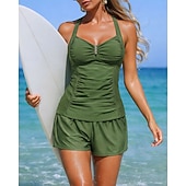 お買い得  サーフィンタンクiniとビキニ-女性用 ルーシュタンキニ 水着 2個 ソリッド UVプロテクション 弾性ある ノースリーブ スイムウェア サーフィン 潜水 水泳 夏