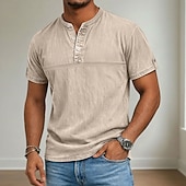 cheap Casual Henley Tee-Men's Henley Shirt 100% Cotton Acid Wash Shirt Short Sleeve Henley Summer Spring Fall Plain Retro Vintage Casual Vintage Style Washed Casual Light Blue Dark Brown Black Top Tee for Men