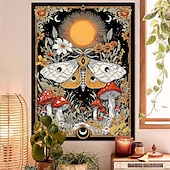 olcso Faliszőnyegek-vintage luna moly fali kárpit misztikus természet életfa holdfázisokkal csillagok vadvirág gomba esztétikus dekoráció hálószobába, kollégiumi szobába