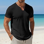 cheap Cotton Linen T-shirts-Men's Cotton Linen T Shirt Tee Top Short Sleeves V Neck Summer Plain Fashion Designer Basic Classic Vacation Casual Daily Yellow Top Tee for Men