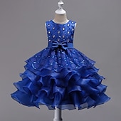 preiswerte Blumenmädchenkleider-Blumenmädchenkleid Mädchen Formelle Kleidung Hochzeitskleidung Party Hochzeit Formell Mode Prinzessin Schön Kleid für die Erstkommunion Netz Einfarbig Ärmellos Rundhalsausschnitt Blau Weiß Ab 4 Jahren