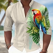 cheap Birds &amp; Animals-Men's Tropical Flowers Parrot Palm Leaf Shirt Hawaiian Shirt Stand Collar Shirt Long Sleeve Hawaiian Casual Vacation Spring Fall Mandarin Collar Band Collar 3D Print Button Up Shirts Blue Khaki Light