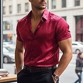 cheap Men's Satin Shirts-Men's Shirt Satin Shirt Dress Shirt Button Up Shirt Gradient Casual Wedding Black Red Navy Blue Short Sleeve Turndown Summer Clothing Apparel Jacquard
