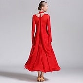abordables Salón de Baile Estándar-Vestido de baile de salón rojo para mujer, cuello en V, cintura fruncida, manga larga, vestido de vals, traje de competición estándar moderno.