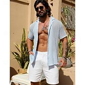cheap Men's Smart Casual Shirts-Men's Shirt Texture Casual Shirt Button Up Shirt Light Blue Short Sleeve Plain Shirt Collar Casual Daily Hollow Out Clothing Apparel Elegant Fashion Casual