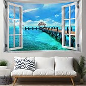 levne Nástěnné tapiserie-tropická pláž výhled z okna gobelín nástěnná dekorace 3D příroda krajina palmy oceán ostrov léto domácí dekorace velké látkové pozadí