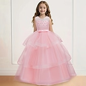 economico Abiti da Fiori-Abito da damigella d'onore bambina Ragazze Abito formale Abiti da sposa Feste Matrimonio Formale Adorabile Formale Principessa Traforato Rete Tinta unica Senza Maniche Girocollo Blu Rosa Dai 4 anni